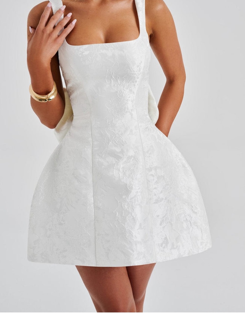 Babyboo Orla Mini Dress - Ivory. Square-Neck White Jacquard A-Line Wedding Dress